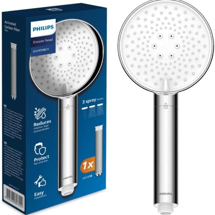 Philips ASH1516 Shower Head with Filter, Effectively Removes Chlorine and Other Large Particles, Three Spray Modes, Pressure Enhancing Design, 1 Month Filter Capacity, Chrome