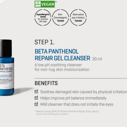 Some By Mi Beta Panthenol Repair Starter Kit | Korean Set of 4 Travel kit | Includes Gel Cleanser 30ml + Toner 30ml + Serum 10ml + Cream 20ml