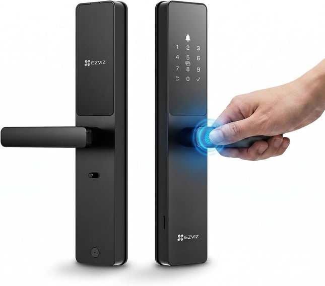 EZVIZ Smart Lock Y2000, 7-in-1 Smart Door Lock, Built-in Wifi Fingerprint Access, Weather-Resistant, Child Safety Lock for Apartment, Villa, Office (Black-Gre, 6068 Mortise)