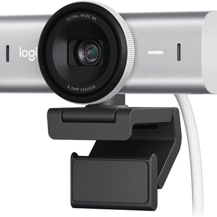 كاميرا ويب لوجيتك MX Brio فائقة الوضوح بدقة 4K للتعاون والبث، 1080 بكسل بمعدل 60 إطارًا في الثانية، ميكروفونات مزدوجة بخاصية تقليل الضوضاء، وضع العرض، USB-C، غطاء كاميرا الويب، تعمل مع Microsoft Teams، وZoom، وGoogle Meet - رمادي فاتح