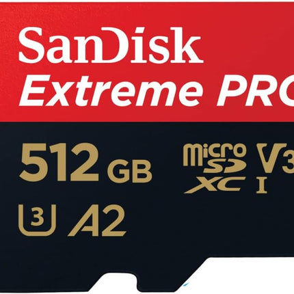 بطاقة SanDisk Extreme PRO microSD UHS-I بسعة 512 جيجابايت للفيديو بدقة 4K على الهواتف الذكية وكاميرات الحركة والطائرات بدون طيار، سرعة قراءة 200 ميجابايت/ثانية، سرعة كتابة 140 ميجابايت/ثانية، SDSQXCD-512G-GN6MA، أحمر/أسود
