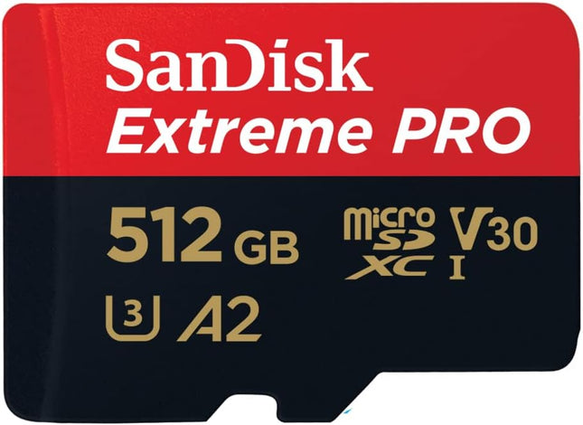 بطاقة SanDisk Extreme PRO microSD UHS-I بسعة 512 جيجابايت للفيديو بدقة 4K على الهواتف الذكية وكاميرات الحركة والطائرات بدون طيار، سرعة قراءة 200 ميجابايت/ثانية، سرعة كتابة 140 ميجابايت/ثانية، SDSQXCD-512G-GN6MA، أحمر/أسود