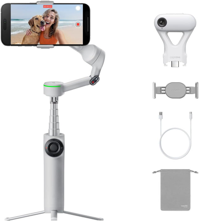 حزمة التعقب Insta360 Flow 2 Pro AI باللون الرمادي، مثبت هاتف (Gimbal) للآيفون/الأندرويد