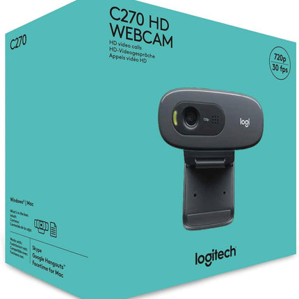 كاميرا الويب Logitech C270 بدقة 3 ميجابكسل 1280 × 720 بكسل USB 2.0 أسود - كاميرات ويب (3 ميجابكسل، 1280 × 720 بكسل، 720p، USB 2.0، أسود، مشبك)
