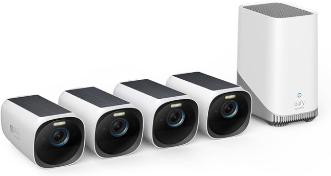 eufy Security eufyCam 3 4-Cam Kit, Security Camera Outdoor Wireless, 4K Camera with Integrated Solar Panel, Forever Power, Face Recognition AI, Expandable Local Storage, Spotlight, No Monthly Fee