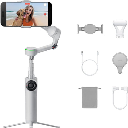 Insta360 Flow 2 Pro Creator Bundle رمادي - مثبت هاتف ذكي قابل للطي بتقنية الذكاء الاصطناعي، دعم Apple DockKit، تتبع بانورامي 360 درجة، وضع الإمالة الحرة، حامل ثلاثي/عصا سيلفي مدمج، مثبت محمول للمدونات/السفر، ضوء كشاف، MagSafe