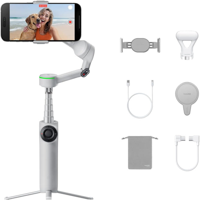 Insta360 Flow 2 Pro Creator Bundle رمادي - مثبت هاتف ذكي قابل للطي بتقنية الذكاء الاصطناعي، دعم Apple DockKit، تتبع بانورامي 360 درجة، وضع الإمالة الحرة، حامل ثلاثي/عصا سيلفي مدمج، مثبت محمول للمدونات/السفر، ضوء كشاف، MagSafe