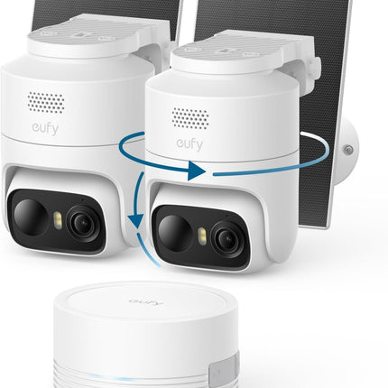 eufy Security eufyCam C37 2-Cam Kit, Security Cameras Wireless Outdoor, 360° AI Tracking with Pan and Tilt, 2K Solar Cameras, HomeBase Mini, Facial Recognition, No Monthly Fee, Colour Night Vision