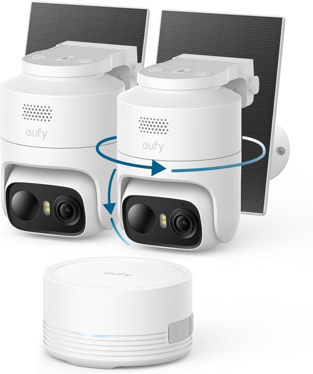 eufy Security eufyCam C37 2-Cam Kit, Security Cameras Wireless Outdoor, 360° AI Tracking with Pan and Tilt, 2K Solar Cameras, HomeBase Mini, Facial Recognition, No Monthly Fee, Colour Night Vision