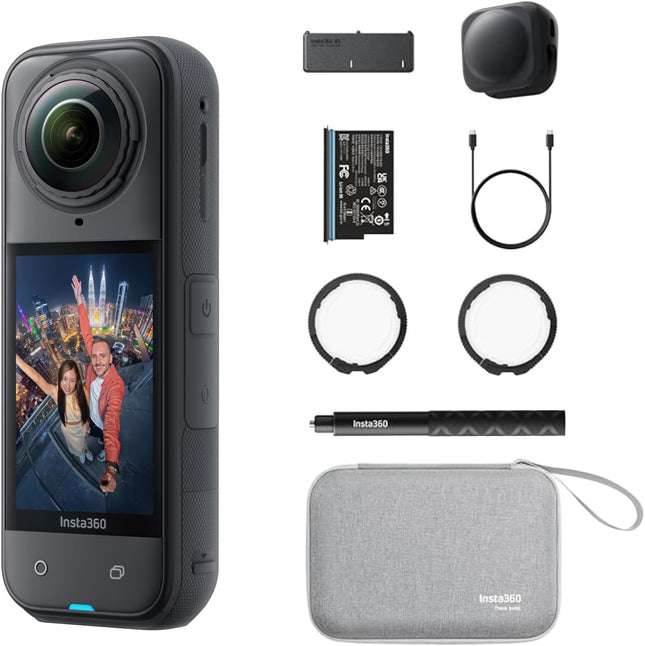 حزمة Insta360 X5 الأساسية - كاميرا أكشن مقاومة للماء بزاوية 360 درجة بدقة 8K، رائدة في الإضاءة المنخفضة، تأثير عصا السيلفي الخفية، عدسة متينة وقابلة للاستبدال، بطارية تدوم 3 ساعات