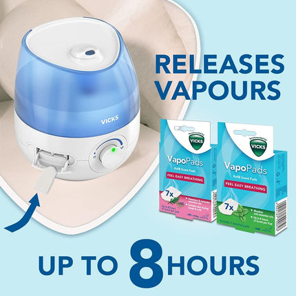 جهاز ترطيب الجو بالموجات فوق الصوتية Vicks Mini Cool Mist Ultrasonic Humidifier (صغير الحجم، هادئ، لنوم أفضل، للسعال ونزلات البرد، للراحة، للزيوت العطرية، للرطوبة، للغرف حتى 15 متر مربع) VUL525