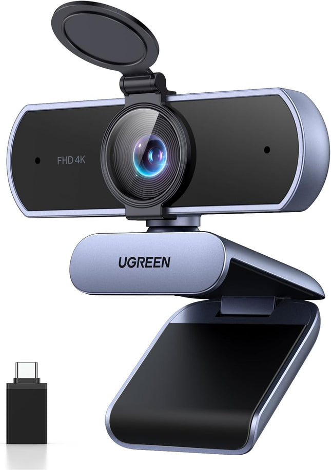 كاميرا ويب UGREEN بدقة 4K مع ضبط تلقائي للصورة، كاميرا ويب للتوصيل والتشغيل للكمبيوتر المحمول/الكمبيوتر الشخصي رمادي