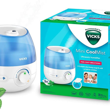جهاز ترطيب الجو بالموجات فوق الصوتية Vicks Mini Cool Mist Ultrasonic Humidifier (صغير الحجم، هادئ، لنوم أفضل، للسعال ونزلات البرد، للراحة، للزيوت العطرية، للرطوبة، للغرف حتى 15 متر مربع) VUL525