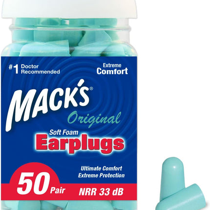 Mack's Original Soft Foam Earplugs, 50 Pair - 33dB Highest NRR, Comfortable Ear Plugs for Sleeping, Snoring, Work, Travel & Loud Events | Made in USA
