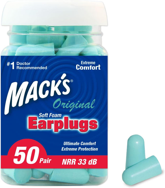 Mack's Original Soft Foam Earplugs, 50 Pair - 33dB Highest NRR, Comfortable Ear Plugs for Sleeping, Snoring, Work, Travel & Loud Events | Made in USA