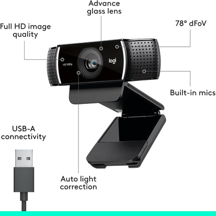 Logitech C922 Pro Stream Webcam, 1080p/30fps or 720p/60fps Hyperfast Streaming, Stereo Audio, HD Light Correction, Autofocus, For YouTube, Twitch, XSplit, PC/Mac/Laptop/Macbook/Tablet - Black