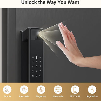 EZVIZ Smart Lock Y3000FVP PLUS, 8-in-1 Smart Door Lock, Palm Vein & 3D Face Recognition Door Lock, Built-in Wifi+8GB storage, Night Vision, Active Intercom & Child Safety (6068 Mortise)