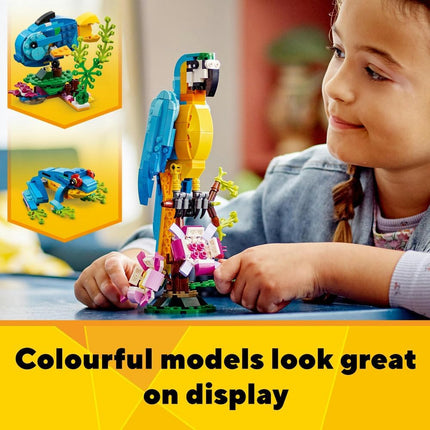 LEGO Creator 3in1 Exotic Parrot 31136 Parrot to Frog to Fish Animal Figures, Creative Building Toy, Gift for 7+ Year Old Boys & Girls, 253 Pieces