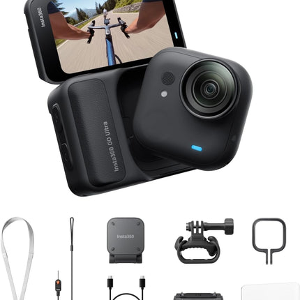 Insta360 GO Ultra Cycling Bundle Midnight Black - كاميرا صغيرة بدقة 4K بدون استخدام اليدين، خفيفة الوزن ومحمولة، أداء ممتاز في الإضاءة المنخفضة، تثبيت في أي مكان، تثبيت FlowState، عمر بطارية 200 دقيقة