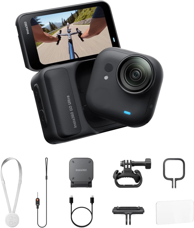 Insta360 GO Ultra Cycling Bundle Midnight Black - كاميرا صغيرة بدقة 4K بدون استخدام اليدين، خفيفة الوزن ومحمولة، أداء ممتاز في الإضاءة المنخفضة، تثبيت في أي مكان، تثبيت FlowState، عمر بطارية 200 دقيقة