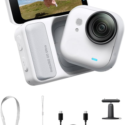 مجموعة Insta360 GO Ultra Essentials Bundle (أبيض قطبي) - كاميرا صغيرة 4K بدون استخدام اليدين، خفيفة الوزن ومحمولة، أداء ممتاز في الإضاءة المنخفضة، قابلة للتركيب في أي مكان، تثبيت FlowState، عمر بطارية 200 دقيقة