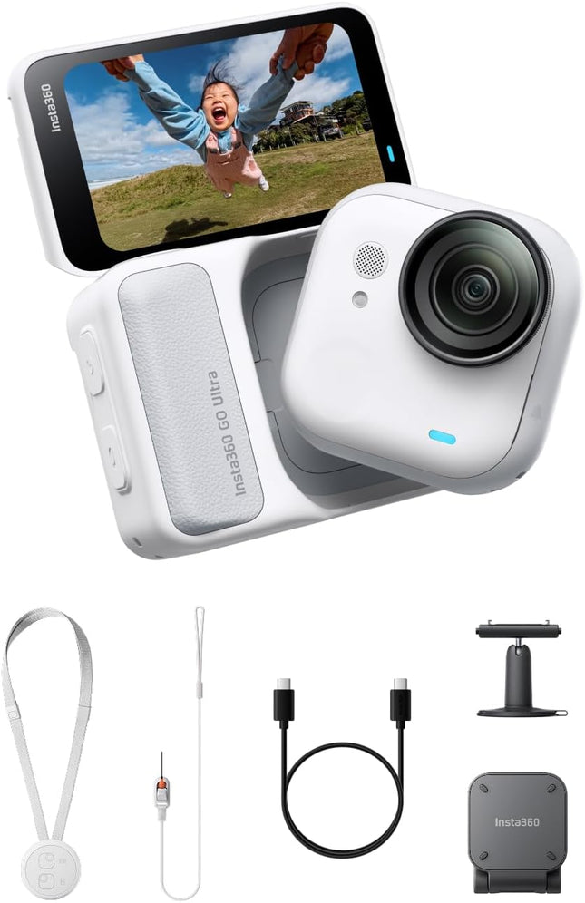 مجموعة Insta360 GO Ultra Essentials Bundle (أبيض قطبي) - كاميرا صغيرة 4K بدون استخدام اليدين، خفيفة الوزن ومحمولة، أداء ممتاز في الإضاءة المنخفضة، قابلة للتركيب في أي مكان، تثبيت FlowState، عمر بطارية 200 دقيقة