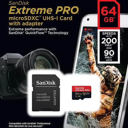 بطاقة SanDisk Extreme PRO microSD UHS-I بسعة 512 جيجابايت للفيديو بدقة 4K على الهواتف الذكية وكاميرات الحركة والطائرات بدون طيار، سرعة قراءة 200 ميجابايت/ثانية، سرعة كتابة 140 ميجابايت/ثانية، SDSQXCD-512G-GN6MA، أحمر/أسود