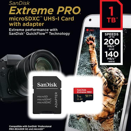 بطاقة SanDisk Extreme PRO microSD UHS-I بسعة 512 جيجابايت للفيديو بدقة 4K على الهواتف الذكية وكاميرات الحركة والطائرات بدون طيار، سرعة قراءة 200 ميجابايت/ثانية، سرعة كتابة 140 ميجابايت/ثانية، SDSQXCD-512G-GN6MA، أحمر/أسود