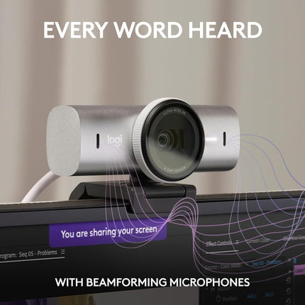 كاميرا ويب لوجيتك MX Brio فائقة الوضوح بدقة 4K للتعاون والبث، 1080 بكسل بمعدل 60 إطارًا في الثانية، ميكروفونات مزدوجة بخاصية تقليل الضوضاء، وضع العرض، USB-C، غطاء كاميرا الويب، تعمل مع Microsoft Teams، وZoom، وGoogle Meet - رمادي فاتح