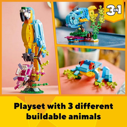 LEGO Creator 3in1 Exotic Parrot 31136 Parrot to Frog to Fish Animal Figures, Creative Building Toy, Gift for 7+ Year Old Boys & Girls, 253 Pieces