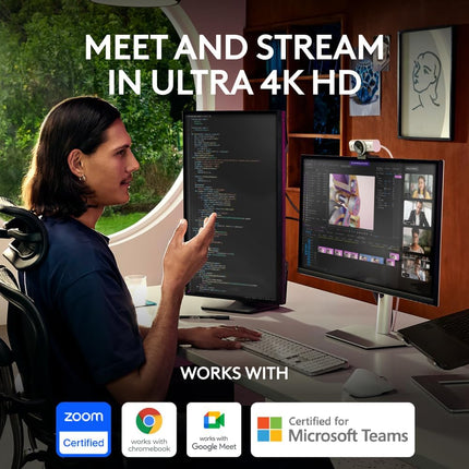 كاميرا ويب لوجيتك MX Brio فائقة الوضوح بدقة 4K للتعاون والبث، 1080 بكسل بمعدل 60 إطارًا في الثانية، ميكروفونات مزدوجة بخاصية تقليل الضوضاء، وضع العرض، USB-C، غطاء كاميرا الويب، تعمل مع Microsoft Teams، وZoom، وGoogle Meet - رمادي فاتح