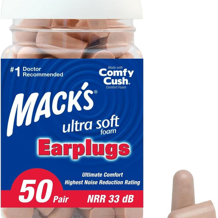 Mack's Ultra Soft Foam Earplugs, 50 Pair - 33dB Highest NRR, Comfortable Ear Plugs for Sleeping, Snoring, Travel, Concerts, Studying, Loud Noise, Work