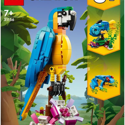 LEGO Creator 3in1 Exotic Parrot 31136 Parrot to Frog to Fish Animal Figures, Creative Building Toy, Gift for 7+ Year Old Boys & Girls, 253 Pieces