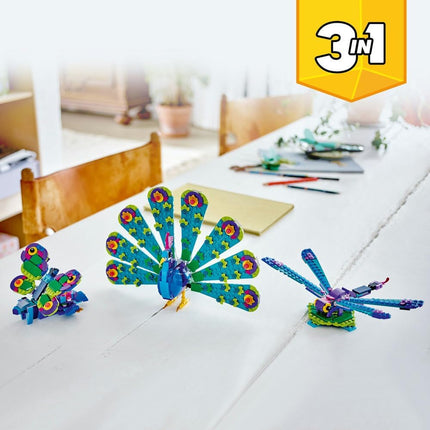 LEGO Creator 3in1 Exotic Peacock 31157 Peacock to Dragonfly to Butterfly, Small Animal Toys, Gift for 7+ Year Old Boys & Girls, 355 Pieces