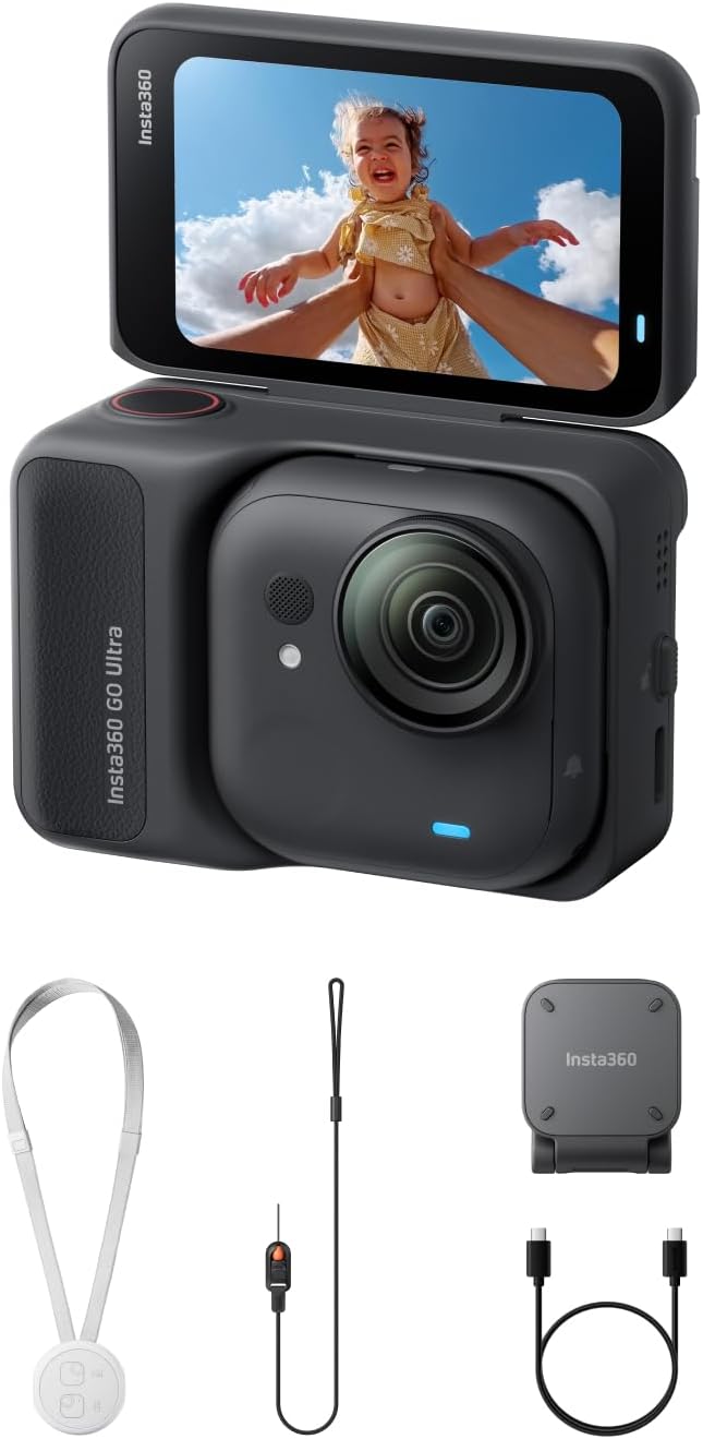 كاميرا Insta360 GO Ultra Standard Bundle بلون أسود Midnight Black - كاميرا 4K صغيرة، خفيفة الوزن ومحمولة، أداء ممتاز في الإضاءة المنخفضة، قابلة للتركيب في أي مكان، تثبيت FlowState، عمر بطارية 200 دقيقة