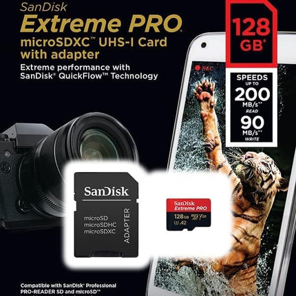 بطاقة SanDisk Extreme PRO microSD UHS-I بسعة 512 جيجابايت للفيديو بدقة 4K على الهواتف الذكية وكاميرات الحركة والطائرات بدون طيار، سرعة قراءة 200 ميجابايت/ثانية، سرعة كتابة 140 ميجابايت/ثانية، SDSQXCD-512G-GN6MA، أحمر/أسود