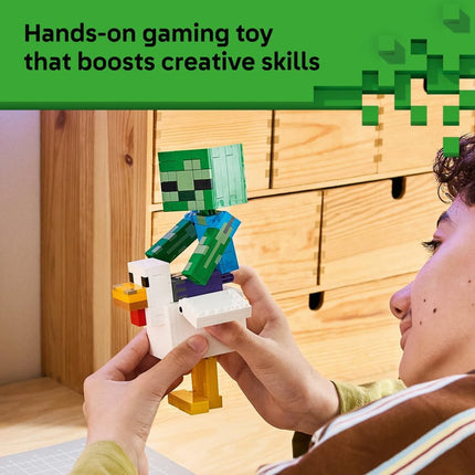 LEGO Minecraft Chicken Jockey 21582 3D Model Kit, 3 Figures incl. a Zombie, Gaming Room Decor, Birthday Gift for 9+ Year Old Boys & Girls, 344 Pieces