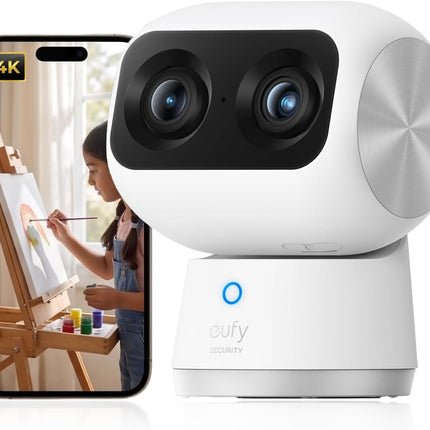 eufy Security Indoor Cam S350, Dual Cameras, 4K UHD Resolution Security Camera with 8× Zoom and 360° PTZ, Human/Pet AI, Ideal for Baby Monitor/Pet Camera/Home Security, Dual-Band Wi-Fi 6, Plug in