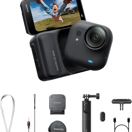 حزمة Insta360 GO Ultra Vlogger بيضاء - كاميرا مدونات فيديو صغيرة بدقة 4K، بدون استخدام اليدين، كاميرا POV، مستشعر 1/1.28 بوصة، خفيفة الوزن 53 جم، مجال رؤية 156 درجة، عمر بطارية 200 دقيقة، كاميرا حركة مغناطيسية يمكن ارتداؤها للرياضة، مدونات الفيديو
