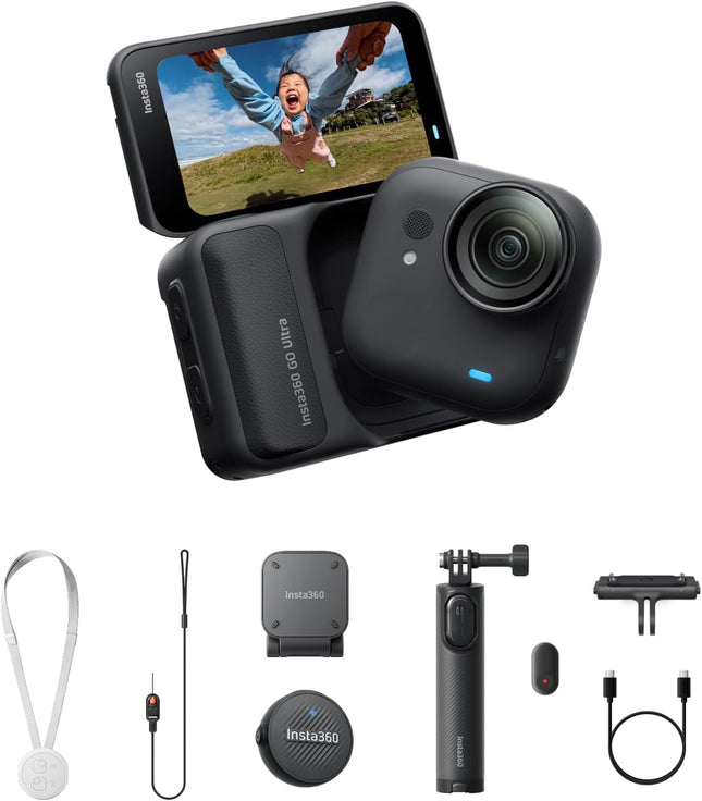 حزمة Insta360 GO Ultra Vlogger بيضاء - كاميرا مدونات فيديو صغيرة بدقة 4K، بدون استخدام اليدين، كاميرا POV، مستشعر 1/1.28 بوصة، خفيفة الوزن 53 جم، مجال رؤية 156 درجة، عمر بطارية 200 دقيقة، كاميرا حركة مغناطيسية يمكن ارتداؤها للرياضة، مدونات الفيديو