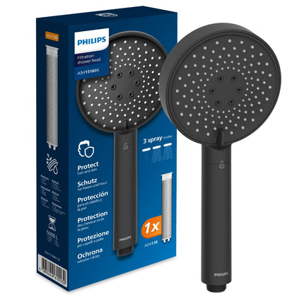 Philips ASH1516 Shower Head with Filter, Effectively Removes Chlorine and Other Large Particles, Three Spray Modes, Pressure Enhancing Design, 1 Month Filter Capacity, Chrome