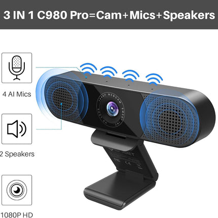 كاميرا ويب EMEET C980 PRO 3 في 1 بدقة 1080P مع ميكروفون ومكبر صوت، 60-98 درجة