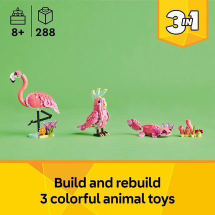 LEGO Creator 3in1 Wild Animals: Pink Flamingo 31170 Flamingo to Cockatoo to Axolotl, Animal Figure Toy, Gift for 8+ Year Old Boys & Girls, 288 Pieces