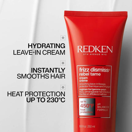 Redken Frizz Dismiss Rebel Tame Heat Protective Leave-In Hair Cream | 250ml Professional sulfate-free heat protective leave-in cream for frizzy hair, moisturizes, detangles & protects hair to 230C