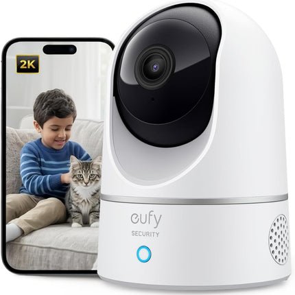 كاميرا داخلية من eufy Security بدقة 2K قابلة للتحريك والإمالة، كاميرا أمن منزلية داخلية، ذكاء اصطناعي للكشف عن البشر والحيوانات الأليفة، تعمل مع المساعدات الصوتية، تتبع الحركة، رؤية ليلية، تتطلب بطاقة MicroSD، لا تتطلب HomeBase.
