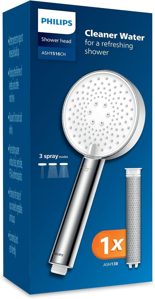 Philips ASH1516 Shower Head with Filter, Effectively Removes Chlorine and Other Large Particles, Three Spray Modes, Pressure Enhancing Design, 1 Month Filter Capacity, Chrome
