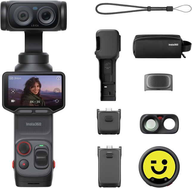 حزمة Insta360 Luna Ultra Creator باللون الأسود الكوني - كاميرا تصوير مدونات فيديو بدقة 8K مع عدسات لايكا مزدوجة، تقريب بصري 12x، مستشعر 1 بوصة، شاشة لمس قابلة للفصل بحجم 2 بوصة، رقاقة ذكاء اصطناعي ثلاثية، كاميرا جيب جيمبال لتصوير مدونات الفيديو