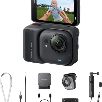 حزمة Insta360 GO Ultra Family Bundle (أسود منتصف الليل) - كاميرا 4K صغيرة محمولة باليد، خفيفة الوزن ومحمولة، أداء ممتاز في الإضاءة المنخفضة، تثبت في أي مكان، تثبيت FlowState، عمر بطارية 200 دقيقة