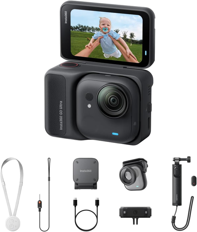 حزمة Insta360 GO Ultra Family Bundle (أسود منتصف الليل) - كاميرا 4K صغيرة محمولة باليد، خفيفة الوزن ومحمولة، أداء ممتاز في الإضاءة المنخفضة، تثبت في أي مكان، تثبيت FlowState، عمر بطارية 200 دقيقة