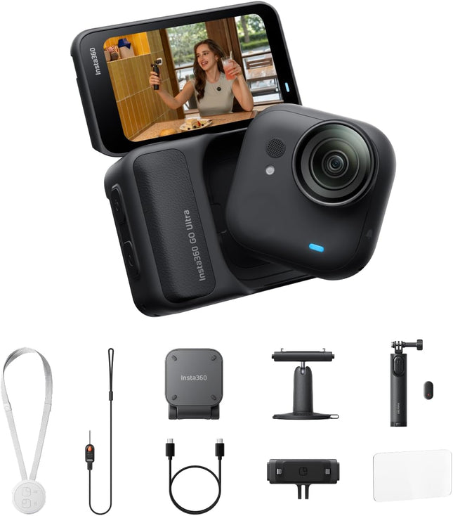 حزمة Insta360 GO Ultra Anywhere - كاميرا مدونات فيديو صغيرة 4K، بدون استخدام اليدين، كاميرا POV، مستشعر 1/1.28 بوصة، خفيفة الوزن 53 جرام، مجال رؤية 156 درجة، عمر بطارية 200 دقيقة، كاميرا حركة مغناطيسية قابلة للارتداء للرياضة، والمدونات المرئية